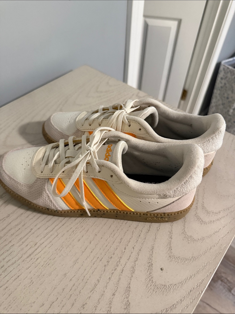 adidas Cream Sneakers with Orange Stripes and Gum Sole